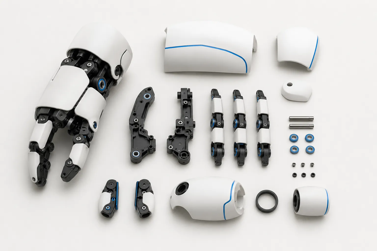 Robotgrijpers en onderdelen overzichtelijk uitgestald